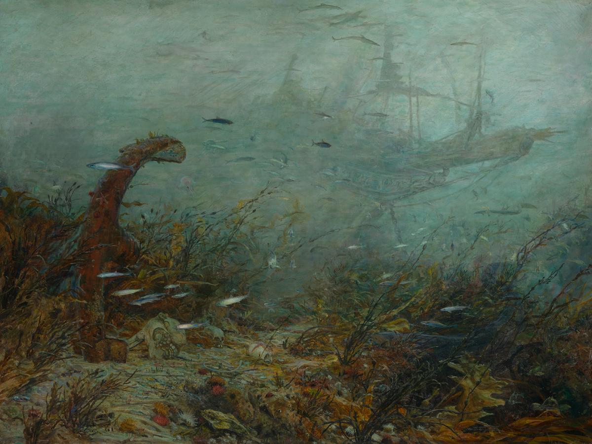 Moody oil painting depicting an underwater shipwreck. The sea floor is littered with skulls and pieces from the wreck, and the ghostly outline of the ship itself is in the background