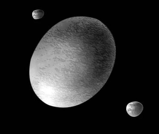 Artist rendering of a grey egg-shaped rock in space, with two smaller round grey rocks on its left and right