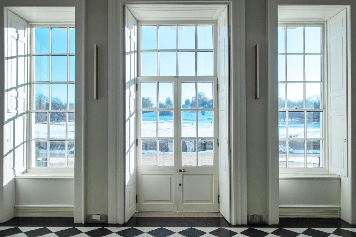 View of the Orangery with a black and white marble floor overlooking the Queen's House