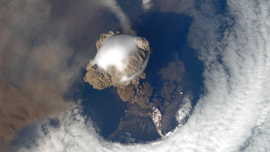 Image of the Sarychev volcano erupting taken from on board the International Space Station. J