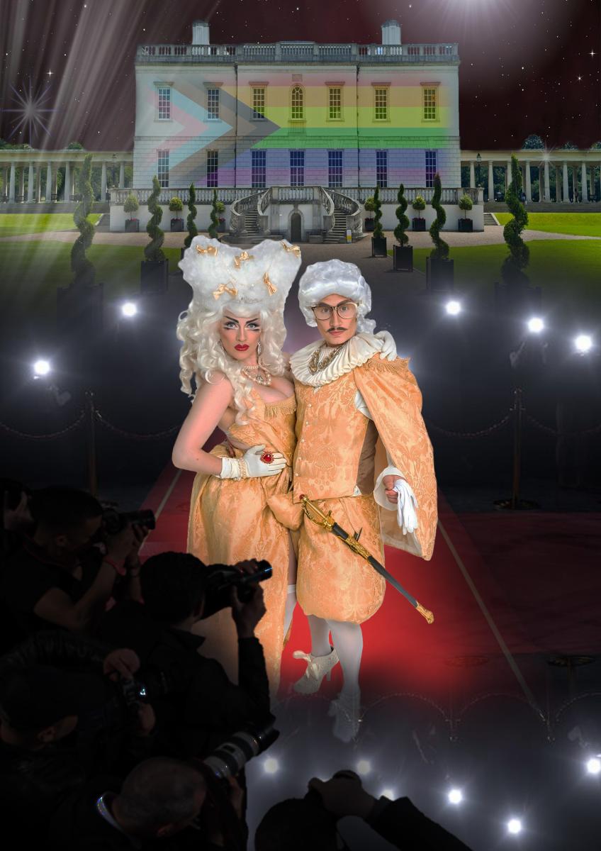 Drag King and Queen Adam All and Apple Derrieres in luxurious period garb. A stylised image of the Queen's House with the Progress Pride flag superimposed on the front of the house is in the background