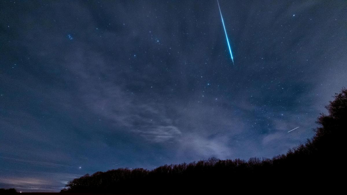 Photo of twilight dark starry sky with tree line shadow at the bottom and a bright meteor in the top of the image