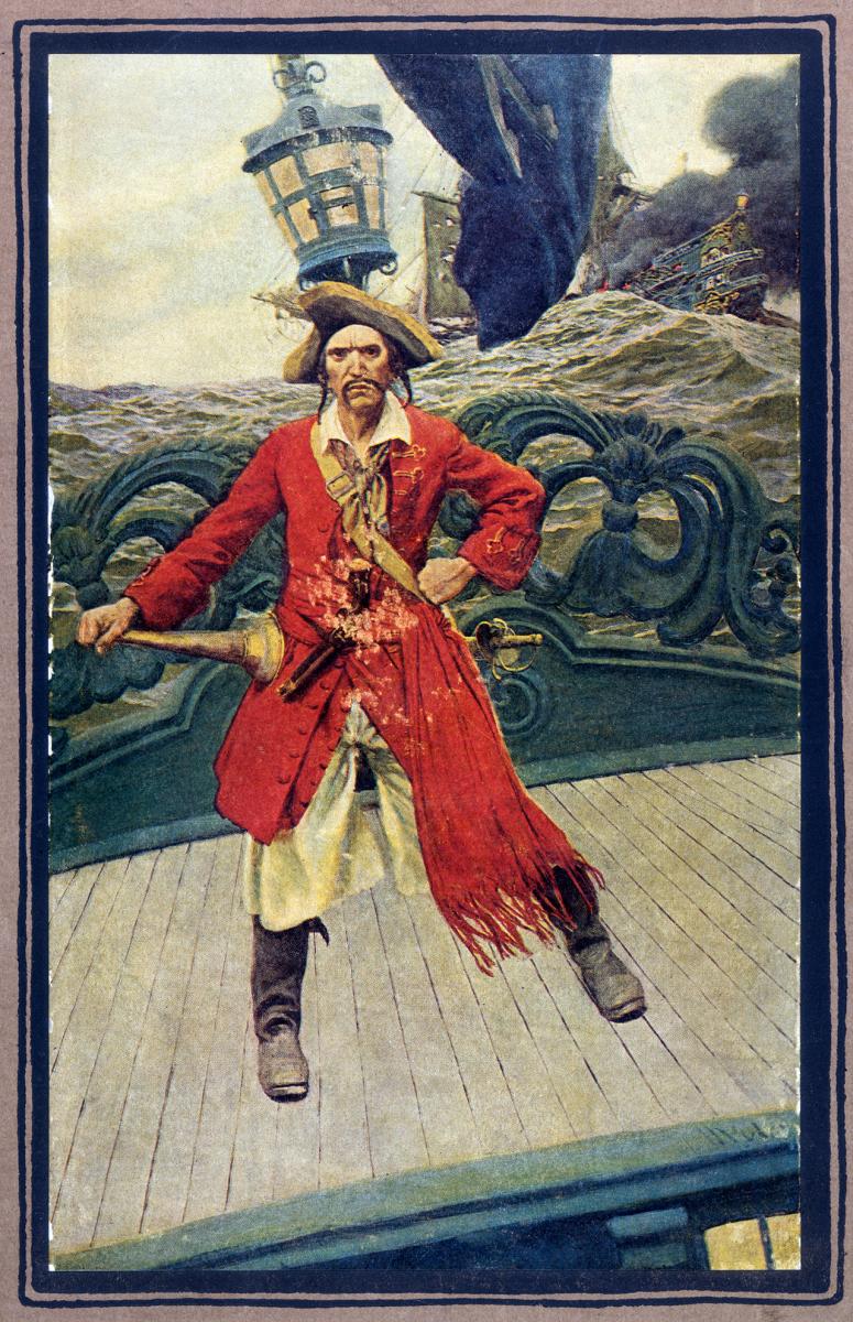 An illustration of a pirate standing at the stern of a ship, dressed in a red coat and a tricorn hat. He is scowling, with a rough sea and a rival ship on fire visible in the background