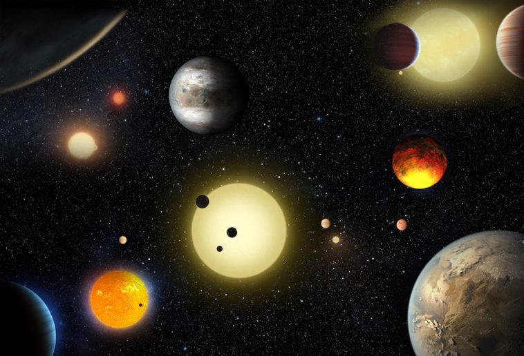 Artist's impression of exoplanets on a starry background