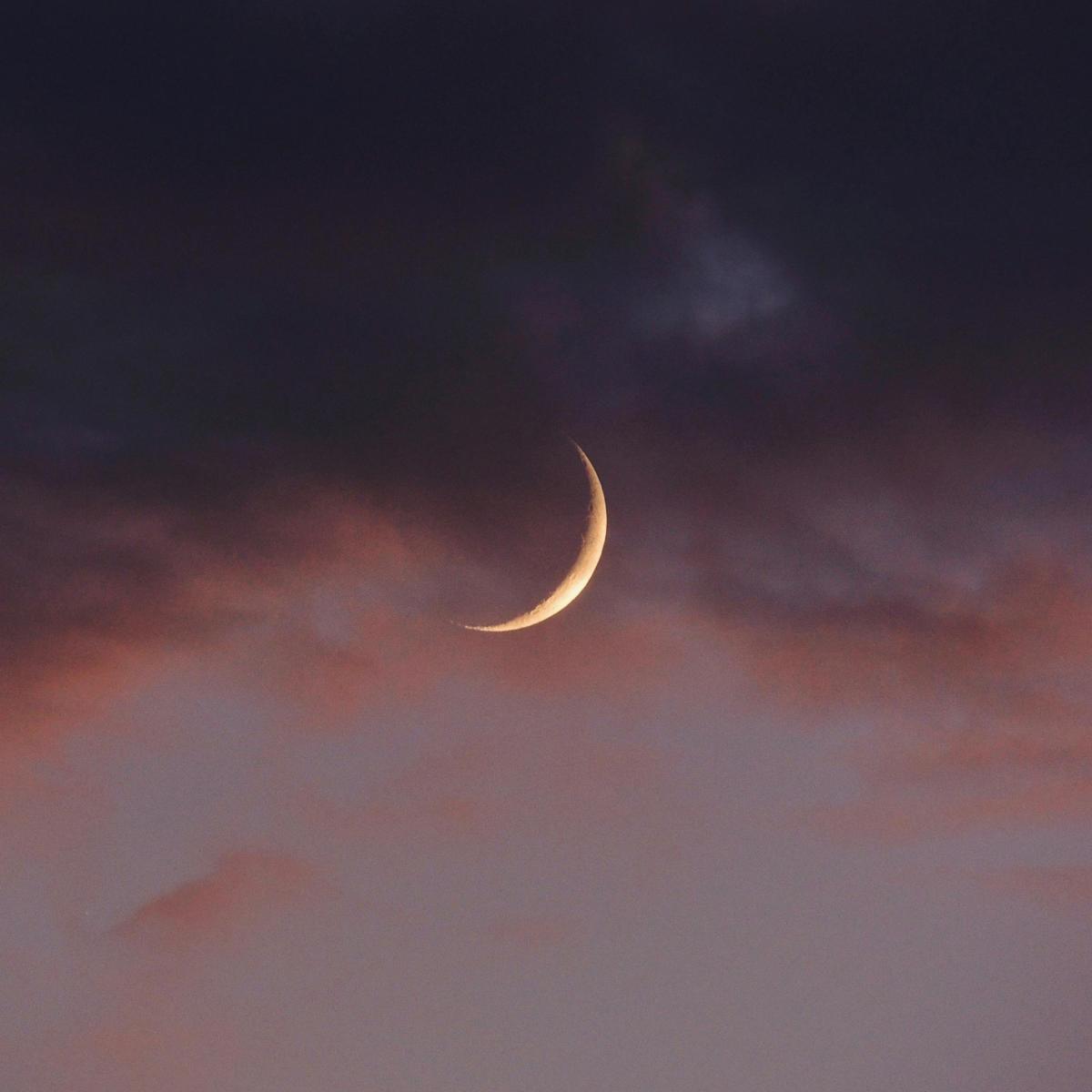 The new crescent Moon in the evening sky, surrounded by pinkish clouds and a darkening sky