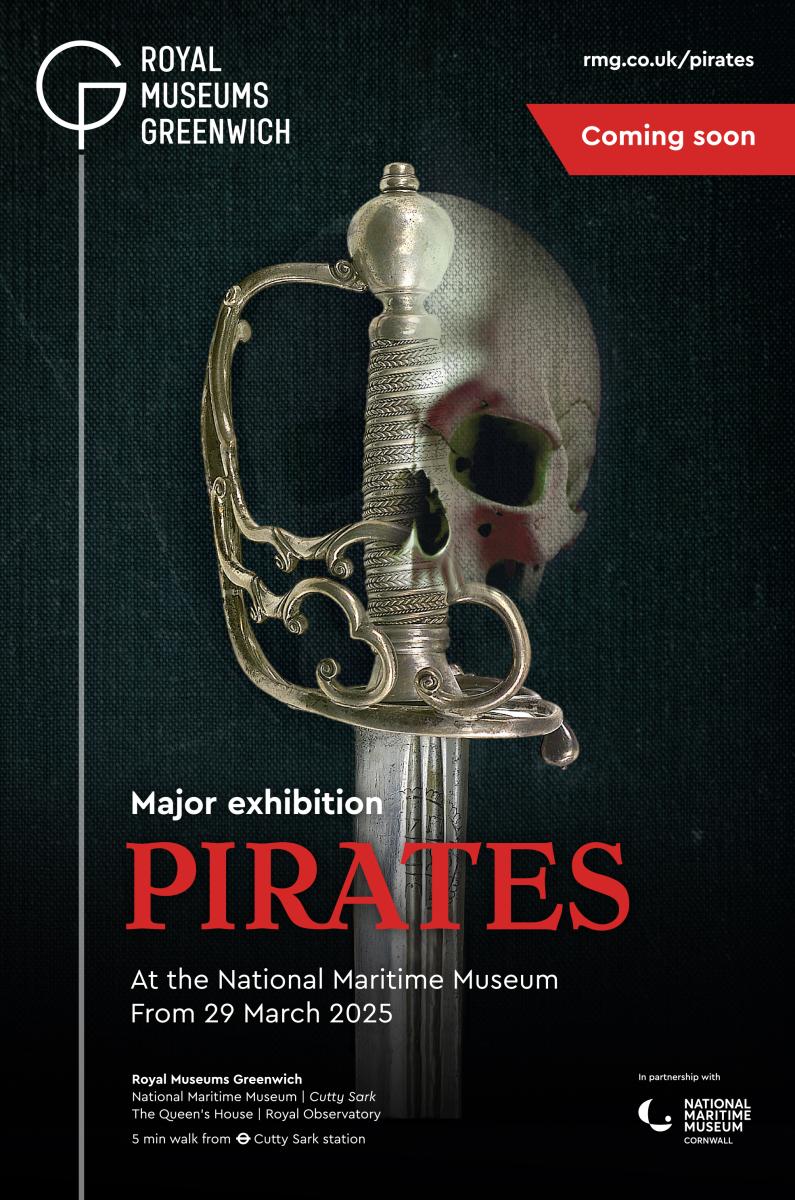 A poster for 'Pirates', an exhibition at the National Maritime Museum. The central design is a composite image formed of the hilt of a sword blended with a human skull