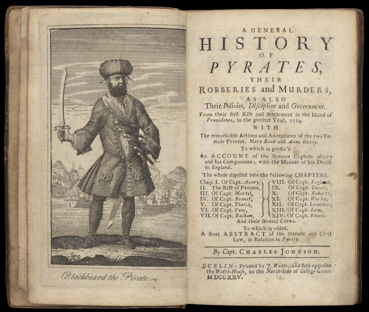 Historic book titled 'A General History of the Pyrates', with an illustration showing Blackbeard the pirate on the left