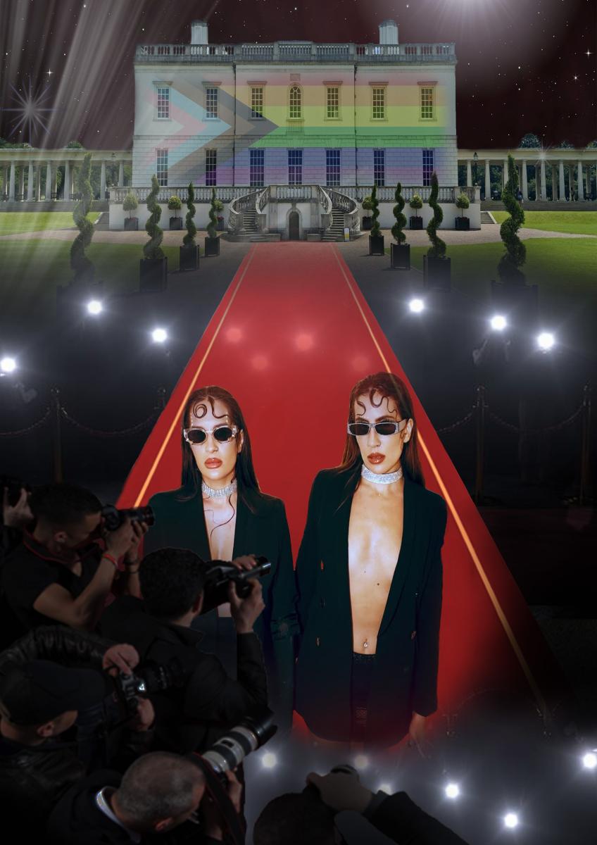 Musical duo Sirens pose on a photoshopped red carpet in front of the Queen's House. They are both wearing sunglasses and black blazers open at the front with nothing beneath