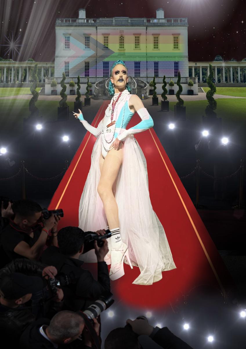 Drag artist Bourgeoisie poses in a revealing white and blue gown. They also have dyed blue hair