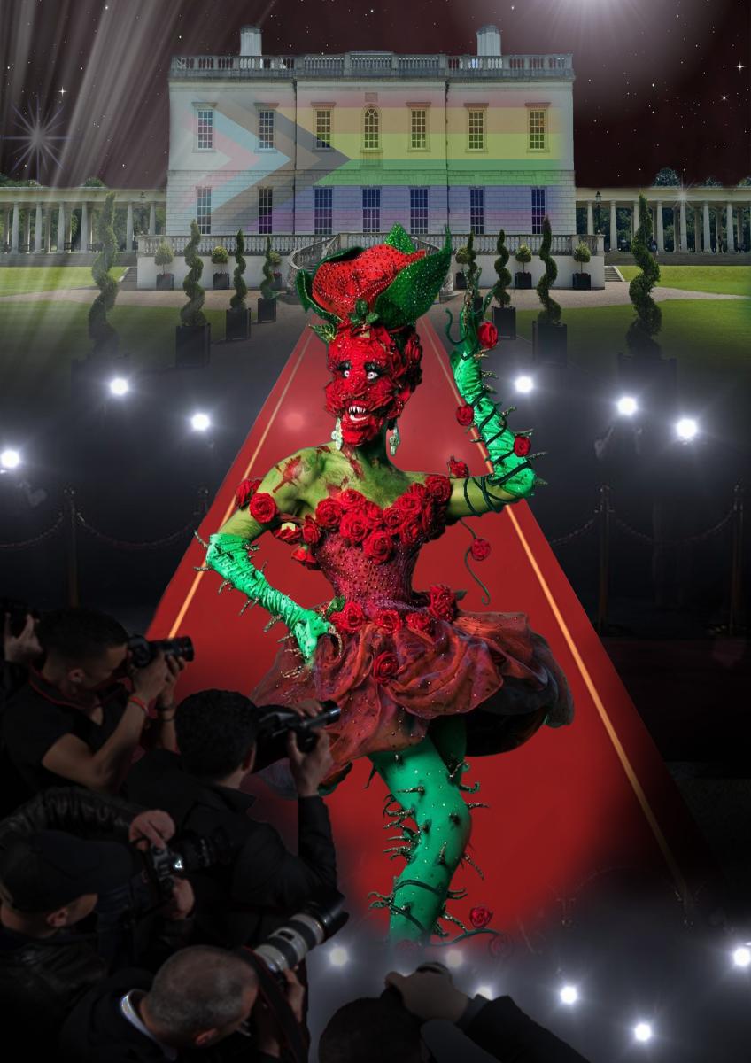 Drag artist Charity Kase poses in front of the Queen's House. She's wearing a red dress adorned with roses, but her legs and arms are twisted round with thorns and fake blood is speckled over her shoulders. Her face is almost entirely obscured by a grotesque mask of red