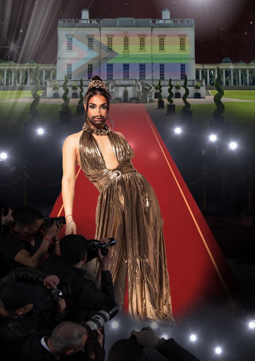 Drag artist Dosa Cat poses in a silky gold dress with plunging neckline