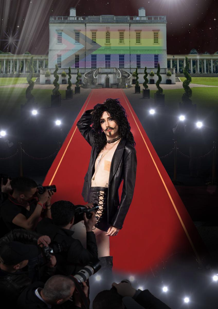 Performer Loose Willis poses on a photoshopped red carpet in front of the Queen's House