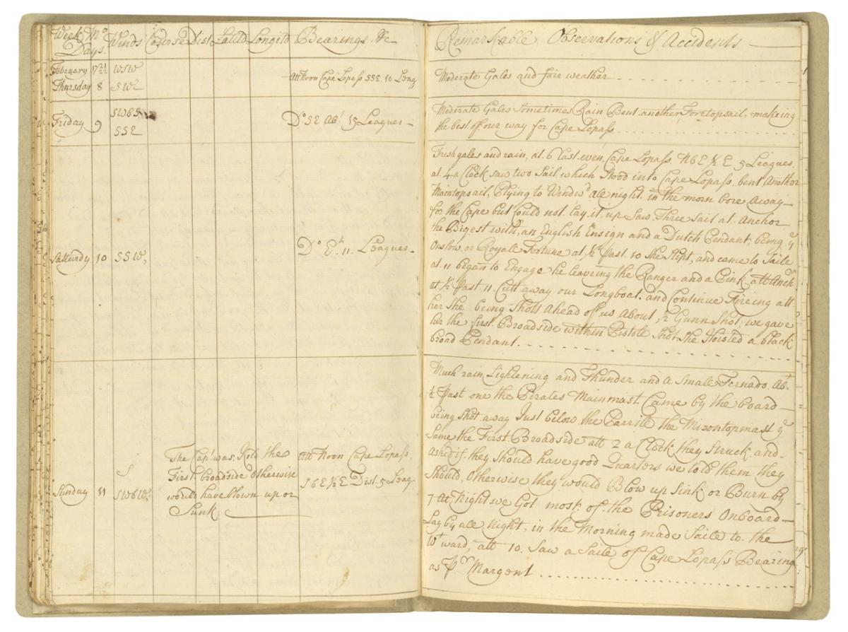 Pages from the logbook of HMS Swallow recording the initial sighting of Bartholomew Roberts’s ship, and the encounter on 10 February 1722 that resulted in his death