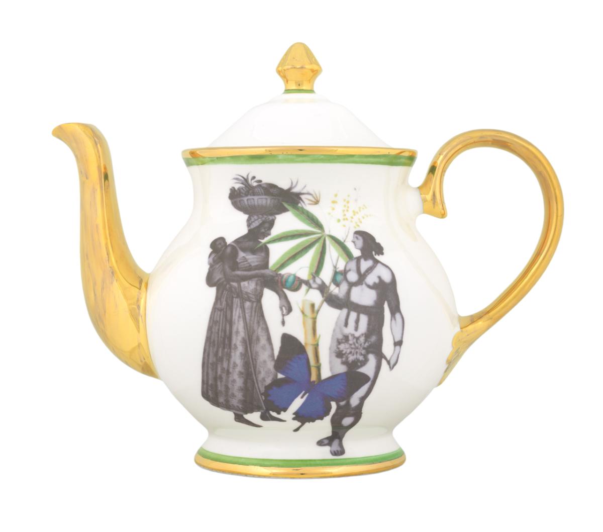 A teapot adorned with images of women and plants