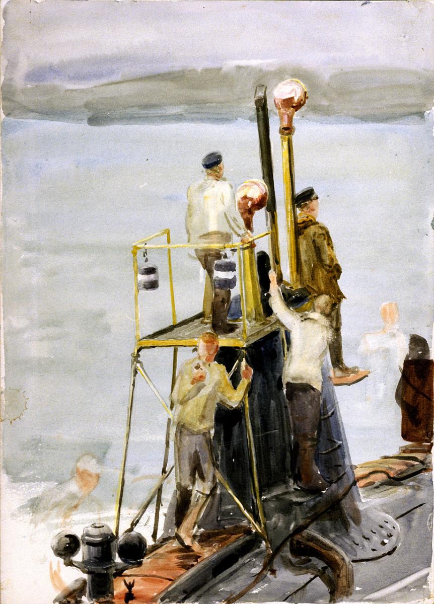 drawing of 7 sailors with a submarine 