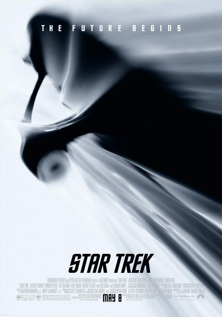 Film poster for Star Trek (2009) - a near black and white image of a futuristic starship fills the screen. The image is strongly distorted as though rushing past the viewer at high speed. 