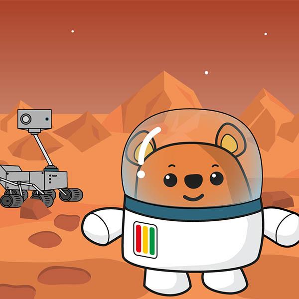 Illustration of Ted and a rover on Mars.