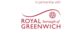 Logo that reads 'In Partnership with Royal Borough of Greenwich', with a curved line and a small rose emblem