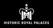 Historic Royal Palaces logo, featuring a white illustration of a castle in the centre surrounded by the dotted outline of a crown
