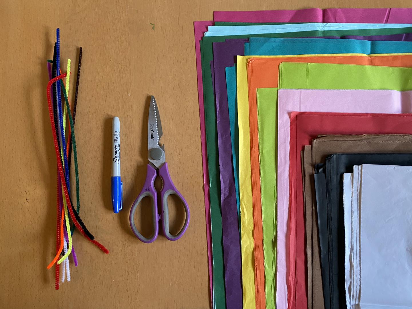 Coloured tissue paper, scissors, pipe cleaners and a pen for the make your own pom poms activity