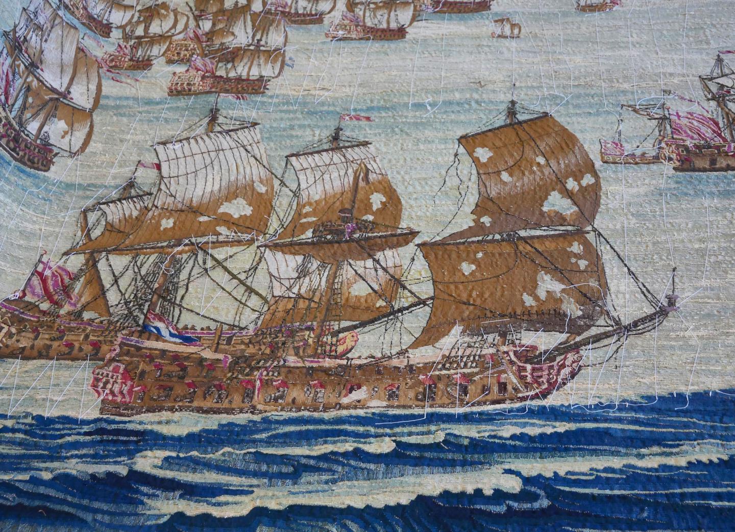 Close up of ship on tapestry