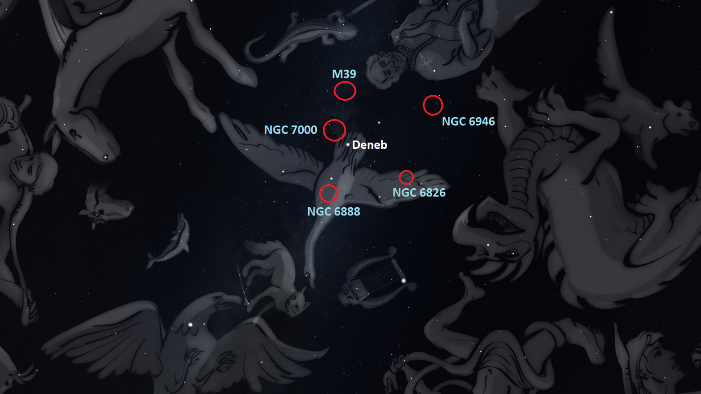 Image showing the locations of nebulae and a galaxy near the star Deneb