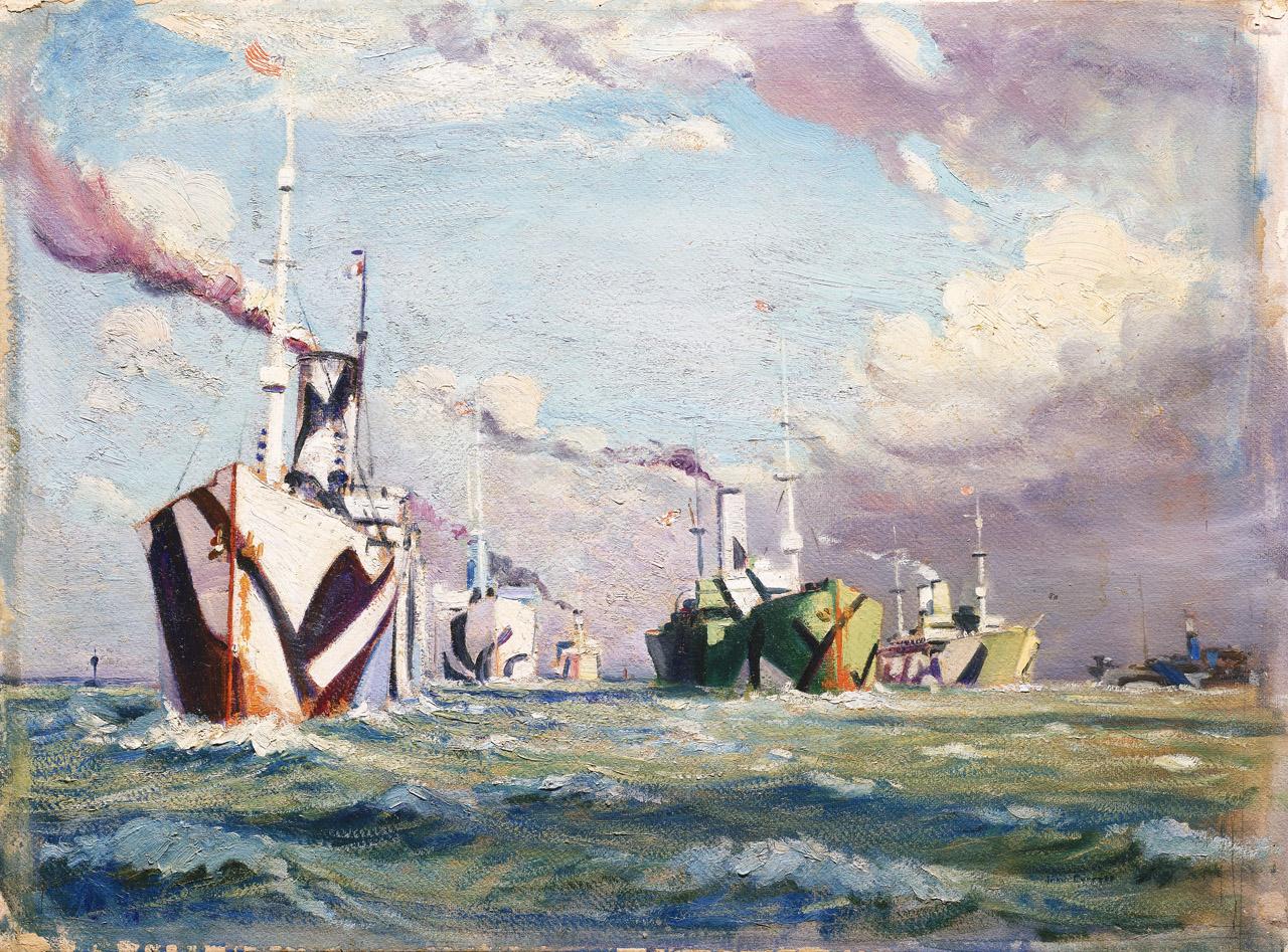 An oil painting showing World War One warships painted in 'dazzle' camouflage