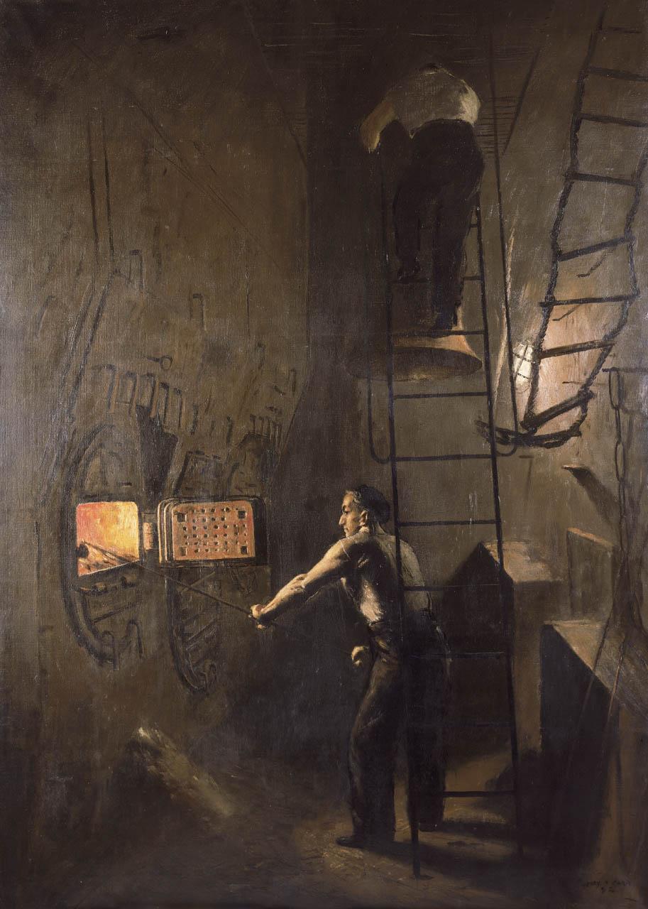 A painting showing a man stoking the boiler of a ship. The space is confined, dark and hot, emphasized by the sleeveless top of the sailor. The heat of the boiler is conveyed by the glow from the furnace, which illuminates the man's arm and front, and the large ventilation shaft behind the ladder