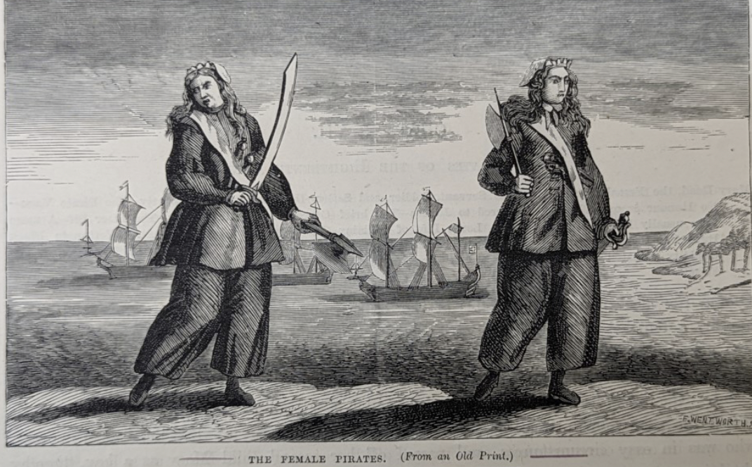 Print of female pirates. Anne Bonny (with gun) and Mary Read (with sword)