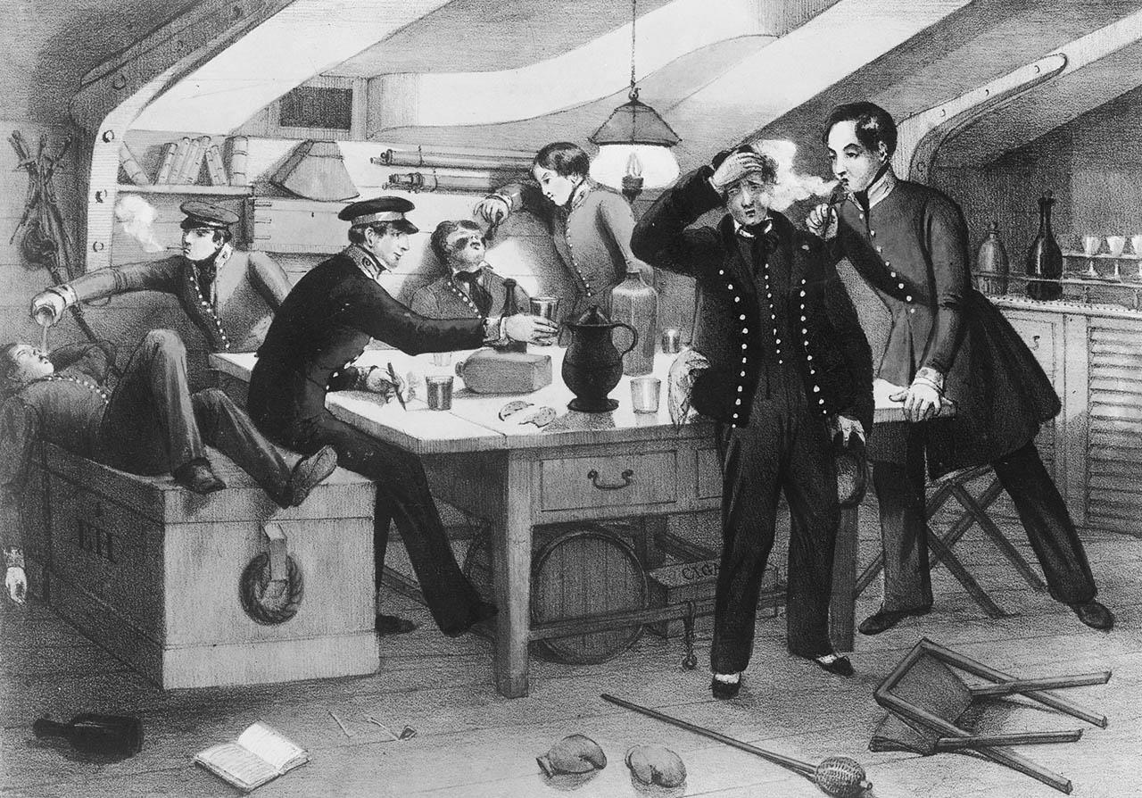 Caracature of sailors drinking on a ship, they all look a little worse for wear and some are laying down and clutching their heads