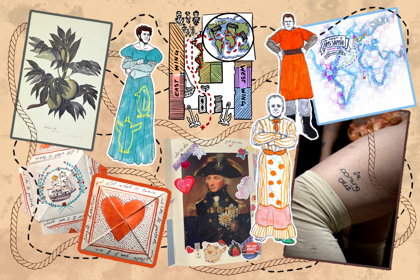 A collage of images produced or sourced by Queer History Club members including a tattooed arm saying 'i'm coming out', male polar explorers wearing coloured-in dresses, and a historic love token 