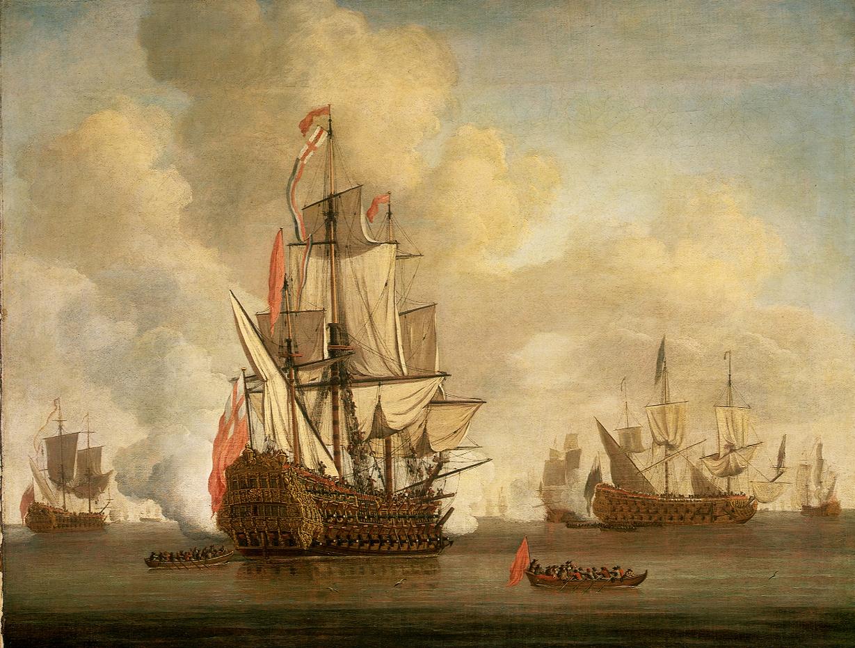 Oil painting of a large sailing ship firing a salute with other ships in the background