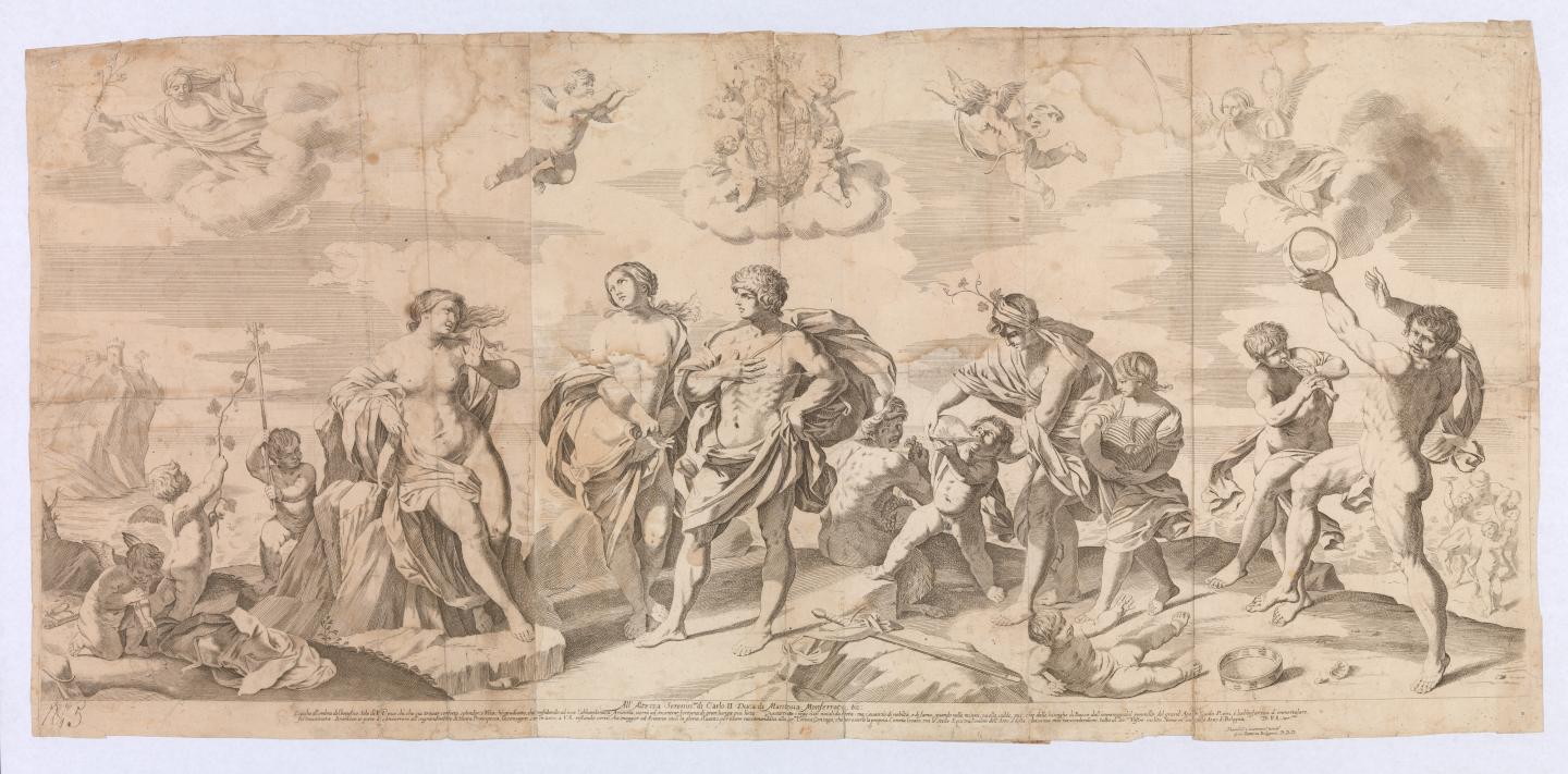 An etching by Gian Battista Bolognini of Bacchus with his companions discovering Ariadne on the island of Naxos, after Reni