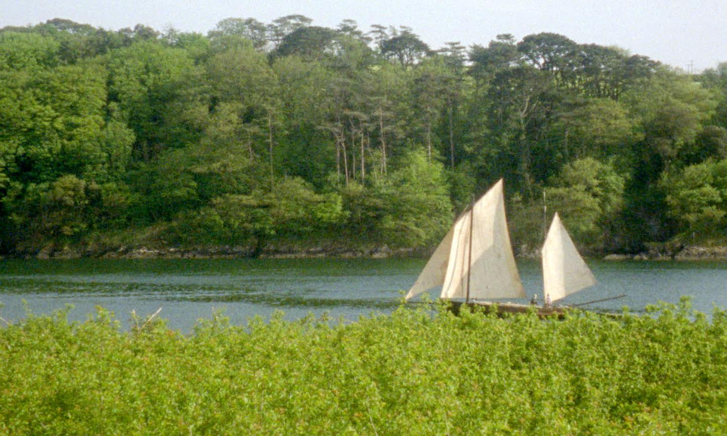 There are green trees and plants in the foreground and background, with a river running through the middle and a small sailing vessel with three white sails passing through. 