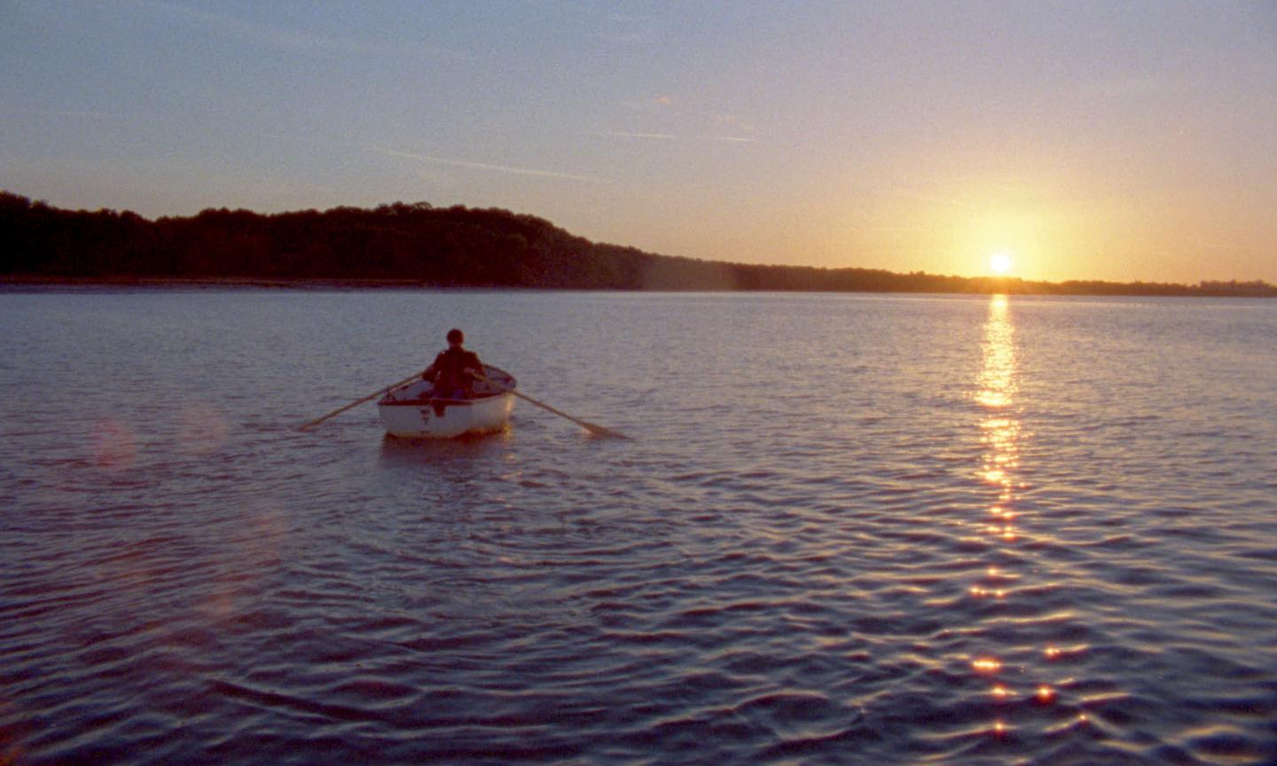 A man in a small rowing boat on calm water, with trees and a sunset in the background.