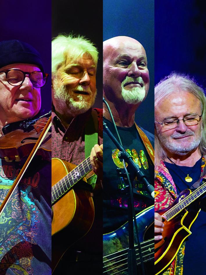 Image split into four vertical sections with a different member of the band Fairport Convention in each slice, holding an instrument