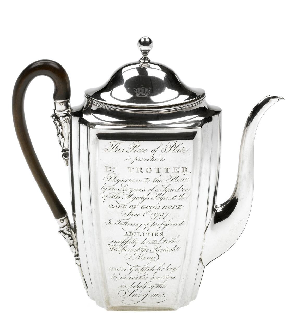 Silver coffee pot engraved with a message of thanks to Dr Trotter