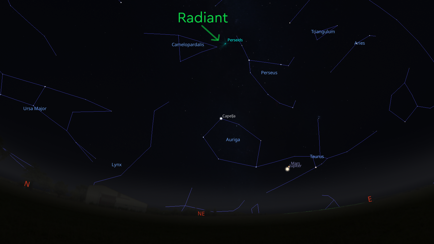 Stellarium screenshot showing Perseid Meteor Shower radiant location at maximum