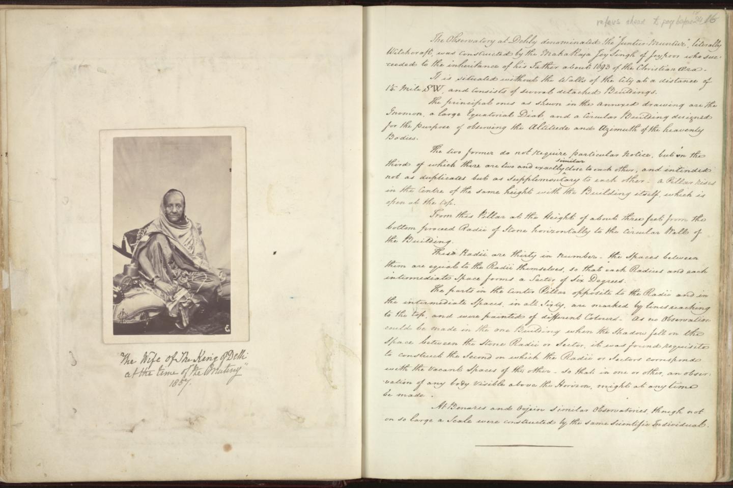 Manuscript spread showing a black and white 19th century photograph of Zeenat Mahal