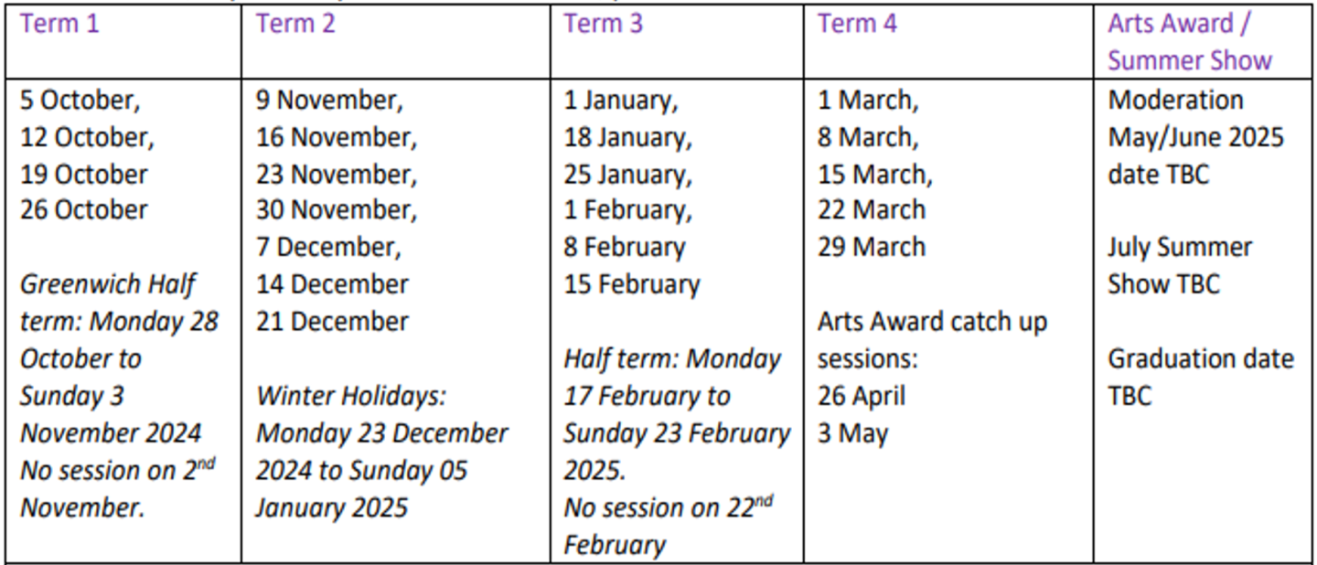table of dates for saturday art club please email youngpeople@rmg.co.uk