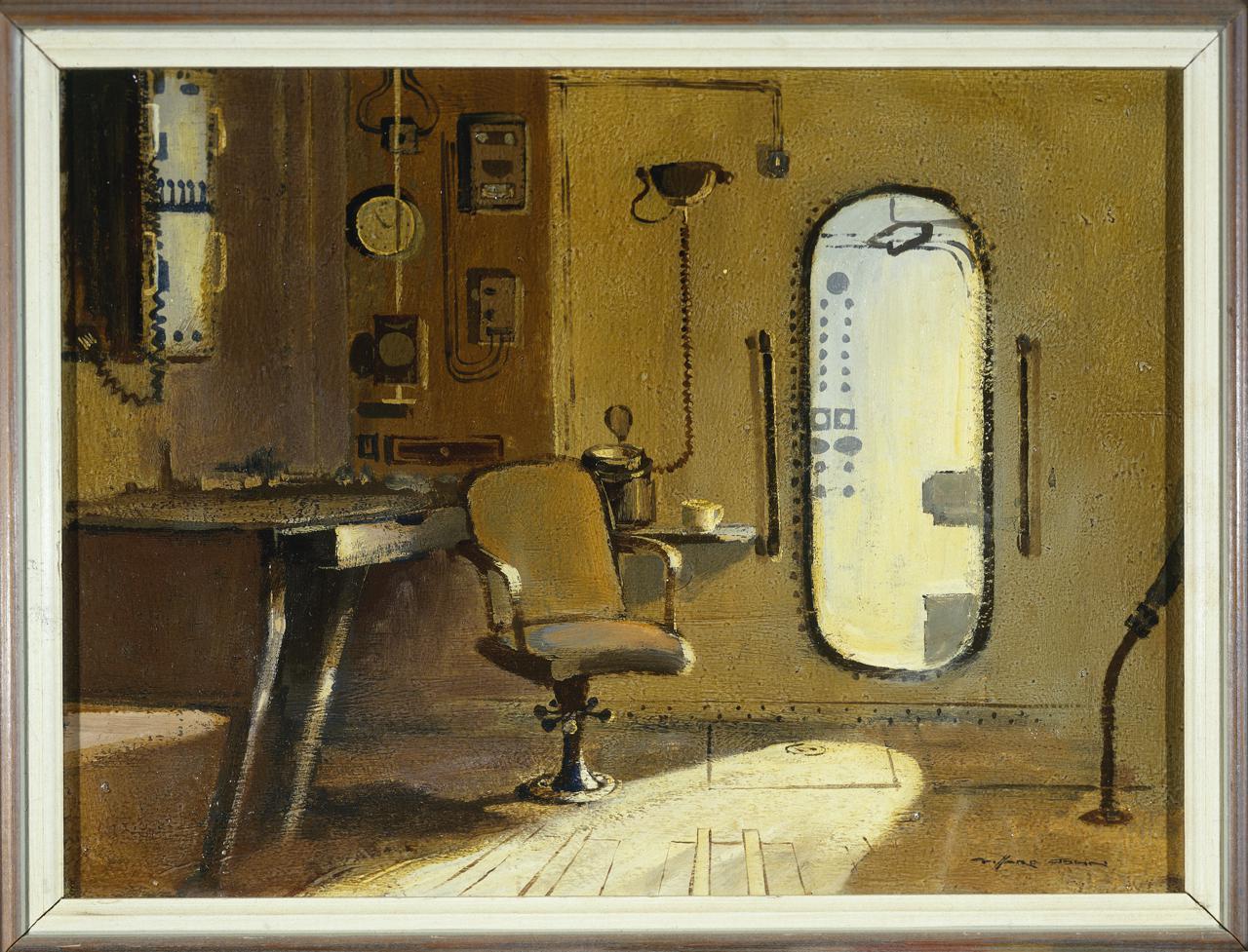 painting of a radio-operator or navigator's post in the Cromer lifeboat, with a shaft of light coming through the open bulkhead door from the neighbouring space