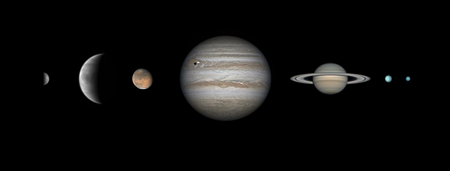 Composite photograph showing all seven of Earth's planetary neighbours in the Solar System, laid out to show their apparent size as seen from Earth