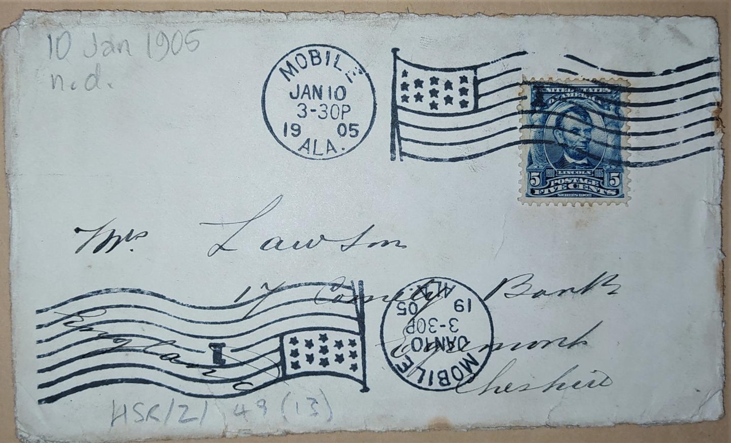 Envelope addressed to Lawson's wife Bella stamped with prominent postmarks.