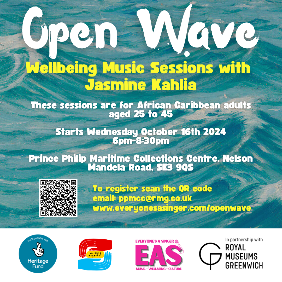 flyer that reads Open Waves- Wellbeing Music Session with Jasmine Kahlia