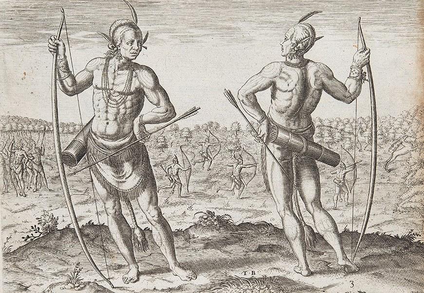 Drawing of two native Virginia warriors with bow and arrows. 