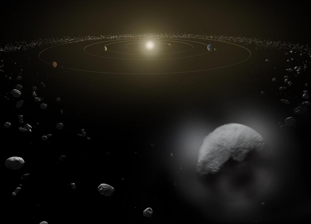 Artist's impression of a rounded asteroid in space, looking from the outskirts of the Solar System in towards the Sun in the middle with the planets in various places