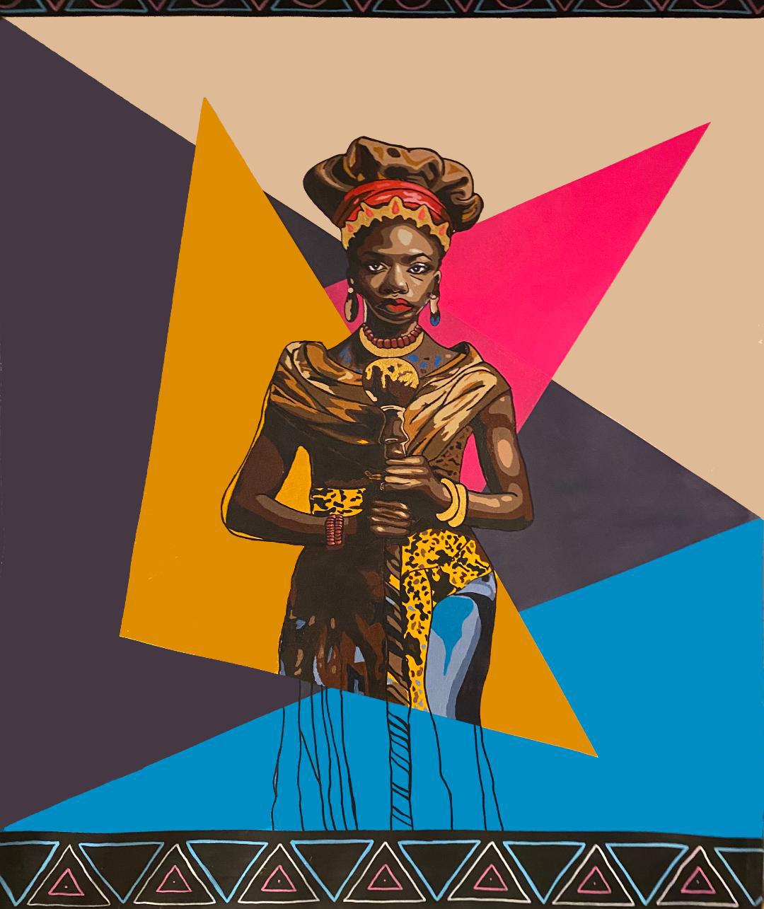 Painting of Queen Amina holding a staff against a backdrop of colourful triangles