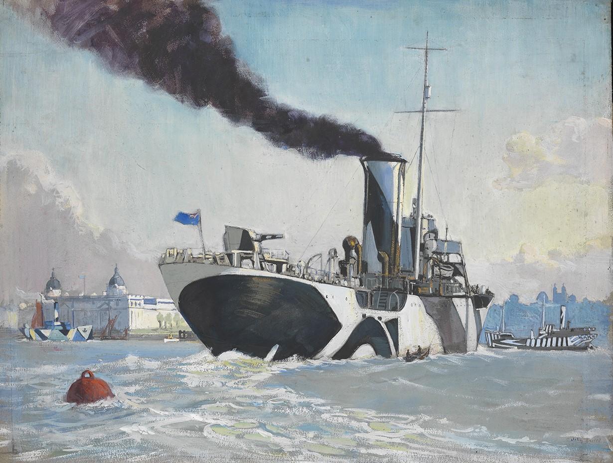 Royal Naval Auxiliary oil tanker off Greenwich in dazzle camouflage 