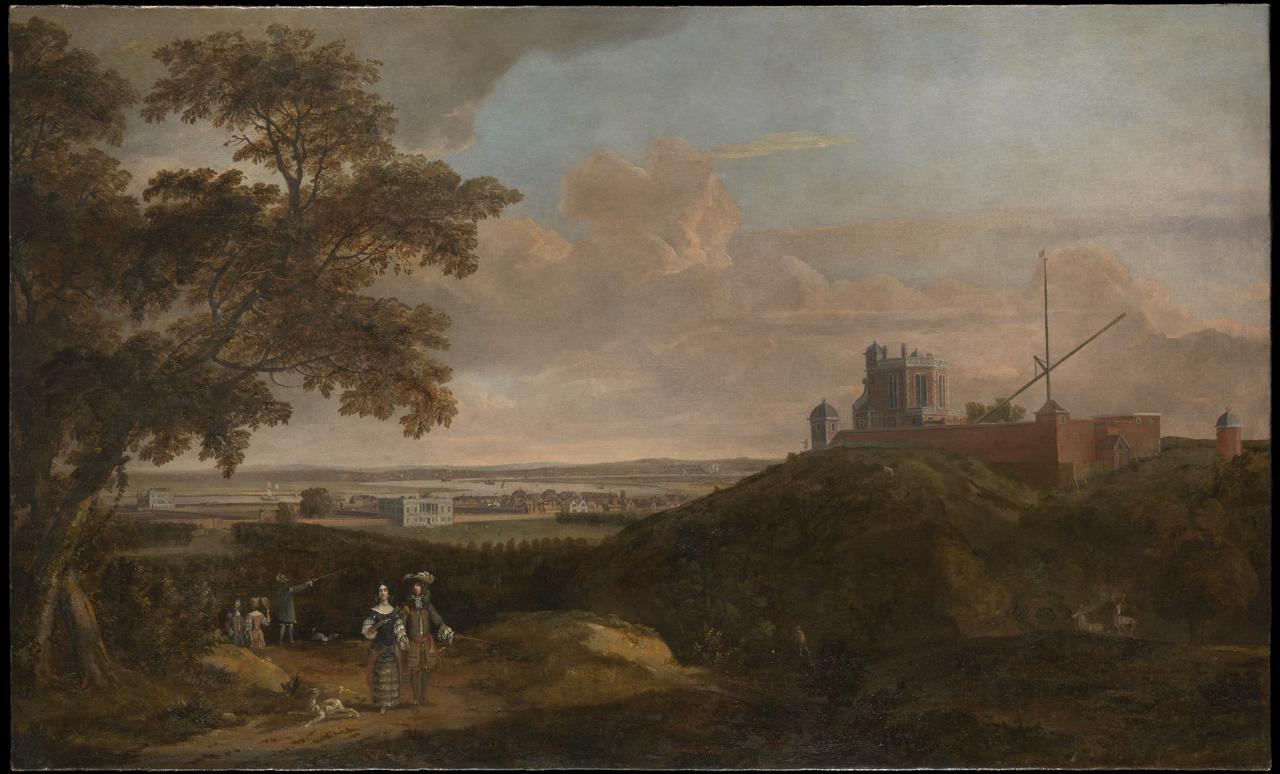 Oil painting showing a view of Royal Observatory Greenwich on a hill in Greenwich Park, with the River Thames in the distance