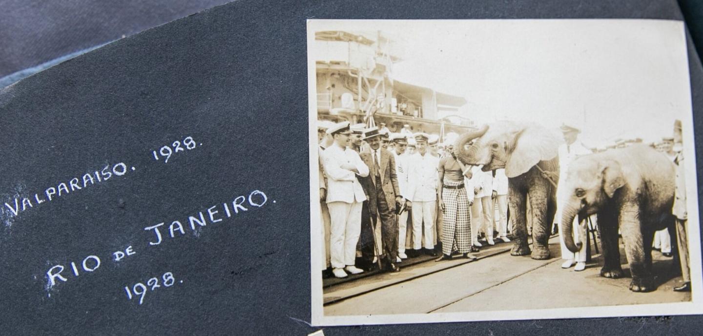 Old sepiatone photo of sailors with elephants